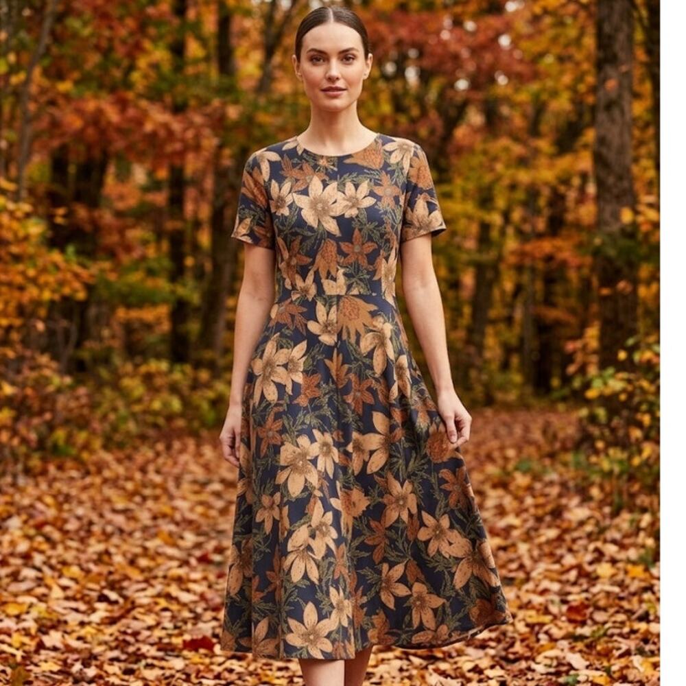 Midi Floral Dress Fall Business Casual Lightweight Flowy Plus Size 2X